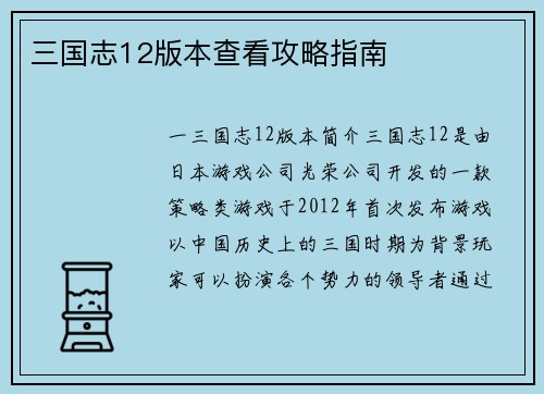 三国志12版本查看攻略指南